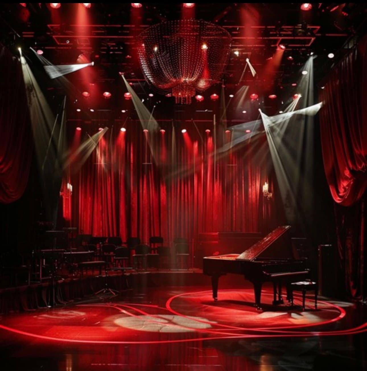 A dimly lit stage with a piano